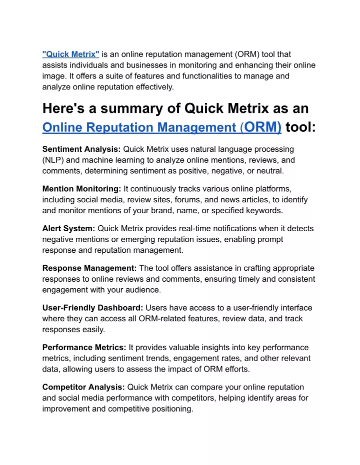 quick metrix is an online reputation management