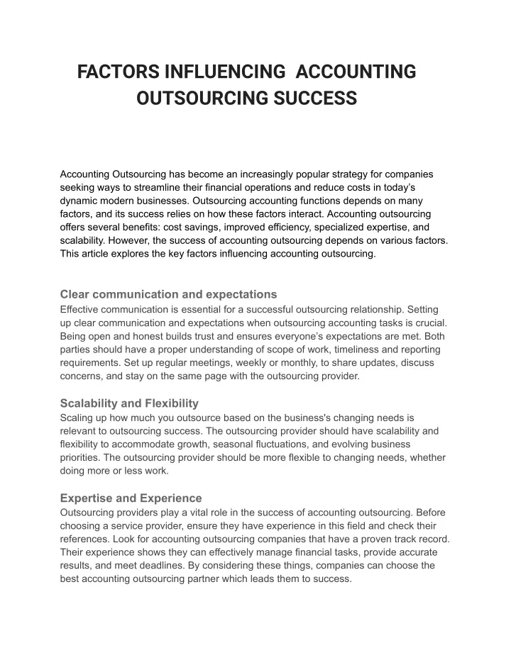 factors influencing accounting outsourcing success