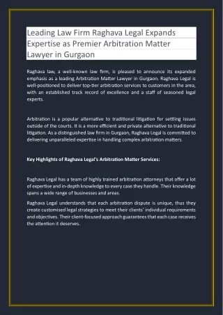 Leading Law Firm Raghava Legal Expands Expertise as Premier Arbitration Matter Lawyer in Gurgaon