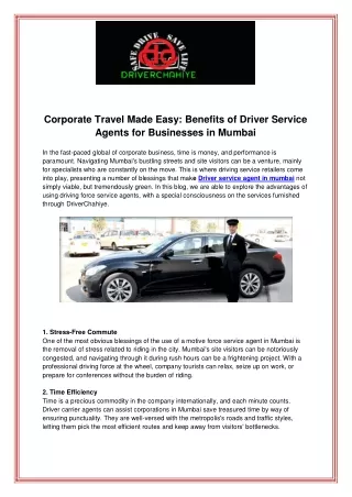 Corporate Travel Made Easy Benefits of Driver Service Agents for Businesses in Mumbai