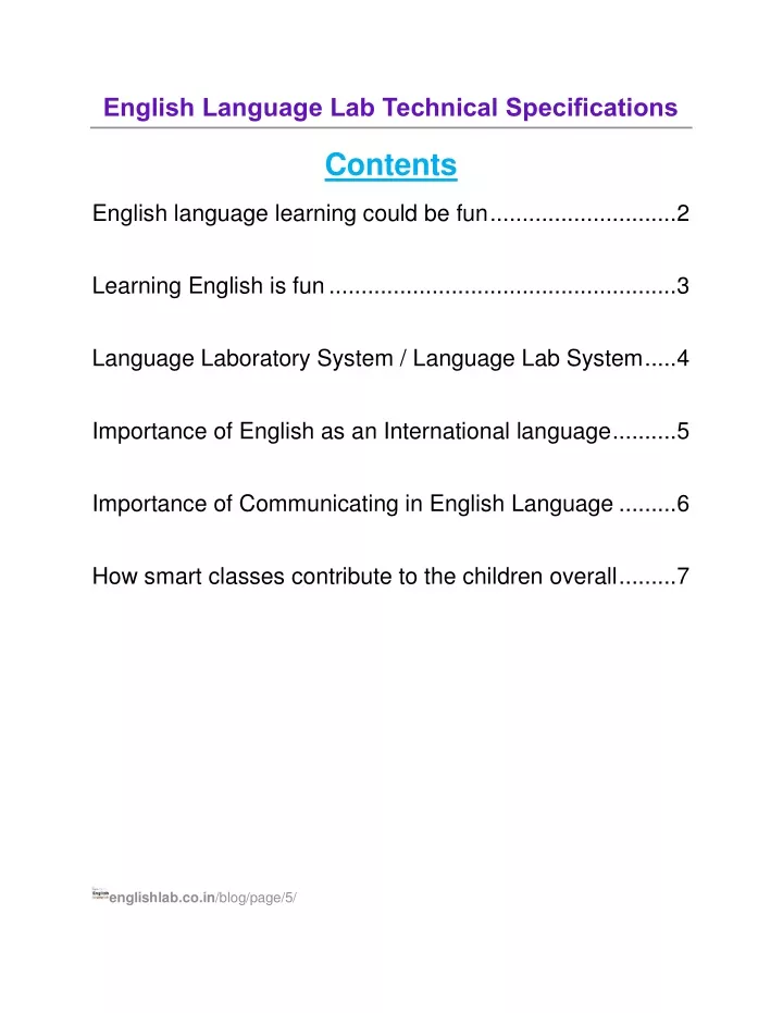 english language lab technical specifications