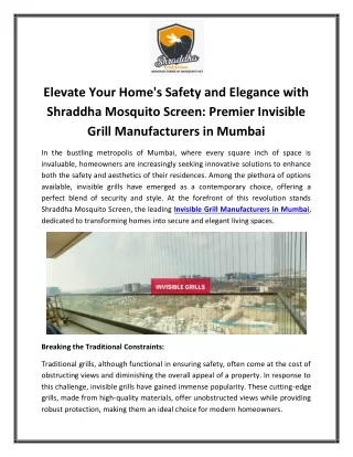 Elevate Your Home's Safety and Elegance with Shraddha Mosquito Screen Premier Invisible Grill Manufacturers in Mumbai