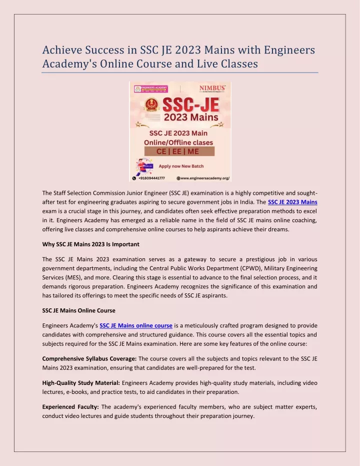 achieve success in ssc je 2023 mains with