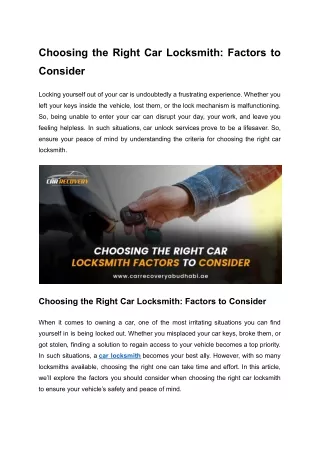 Choosing the Right Car Locksmith Factors to Consider