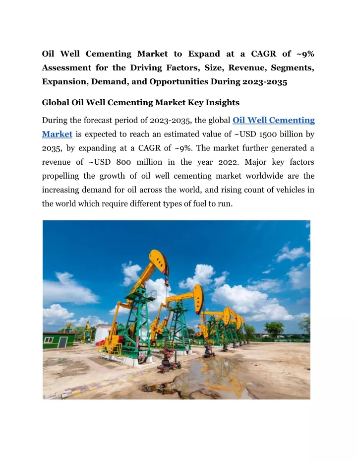 oil well cementing market to expand at a cagr of 9