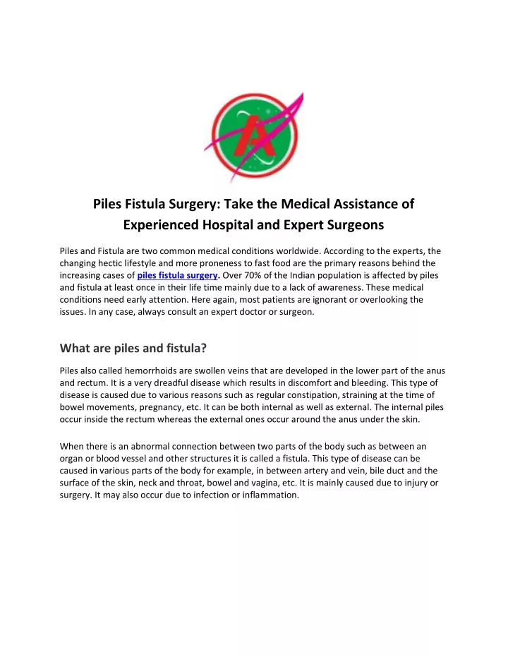 piles fistula surgery take the medical assistance