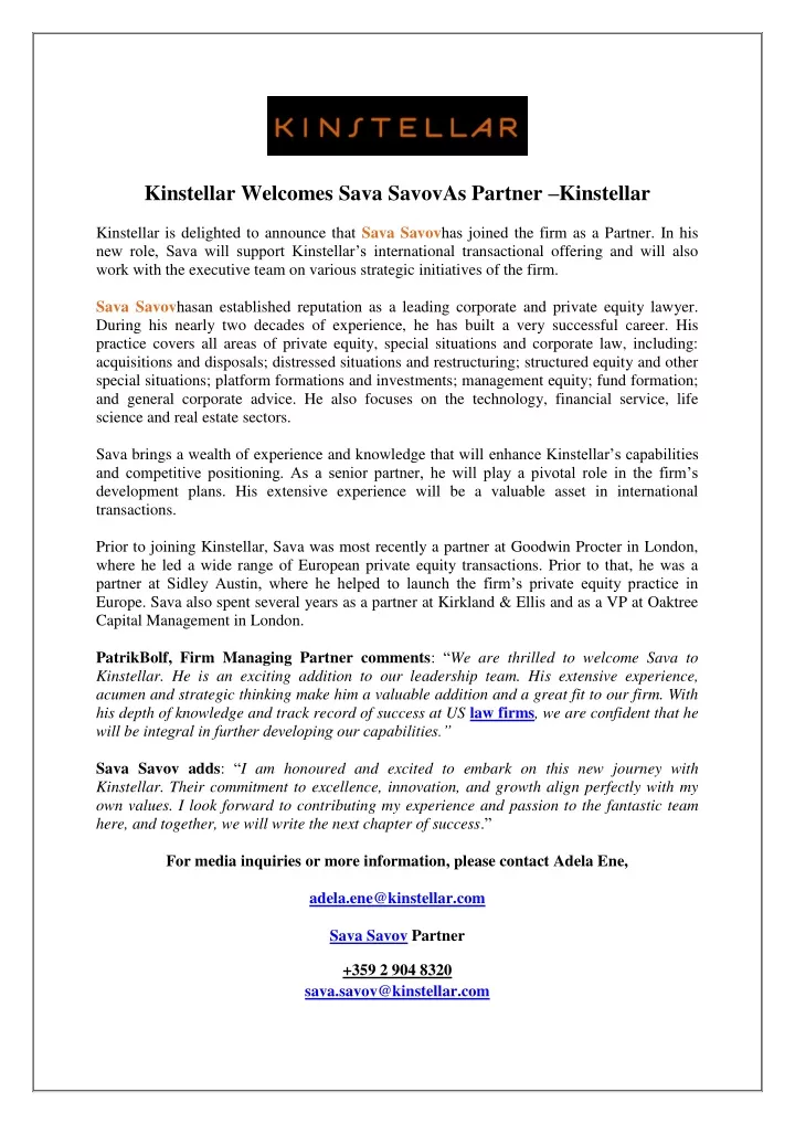 kinstellar welcomes sava savovas partner