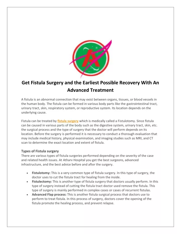 get fistula surgery and the earliest possible