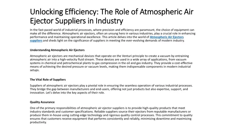 unlocking efficiency the role of atmospheric air ejector suppliers in industry