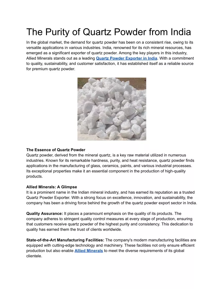 the purity of quartz powder from india