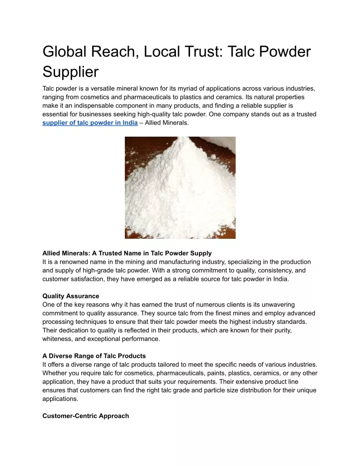 global reach local trust talc powder supplier