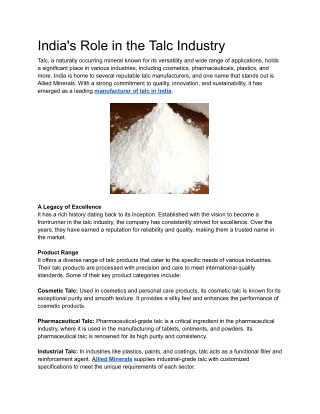 India's Role in the Talc Industry