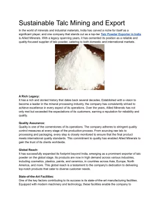 Sustainable Talc Mining and Export