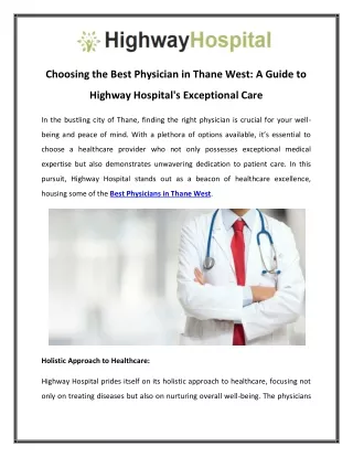 Choosing the Best Physician in Thane West A Guide to Highway Hospital's Exceptional Care