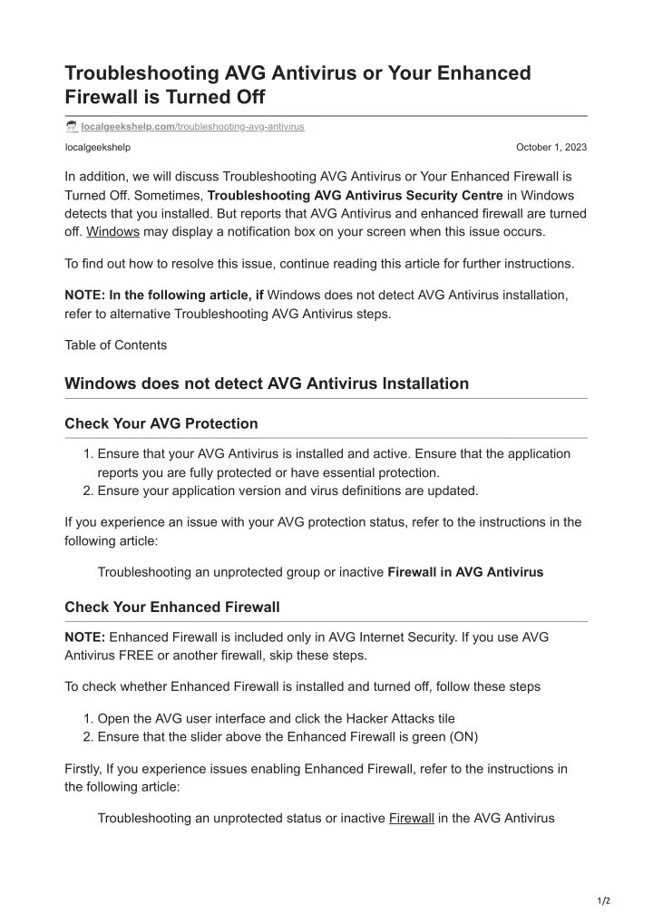 troubleshooting avg antivirus or your enhanced