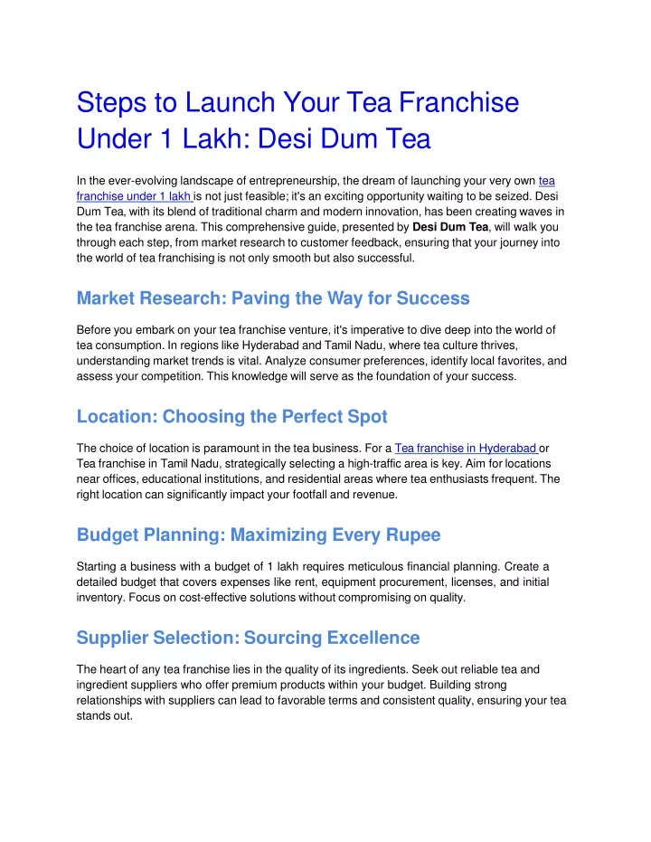 steps to launch your tea franchise under 1 lakh desi dum tea