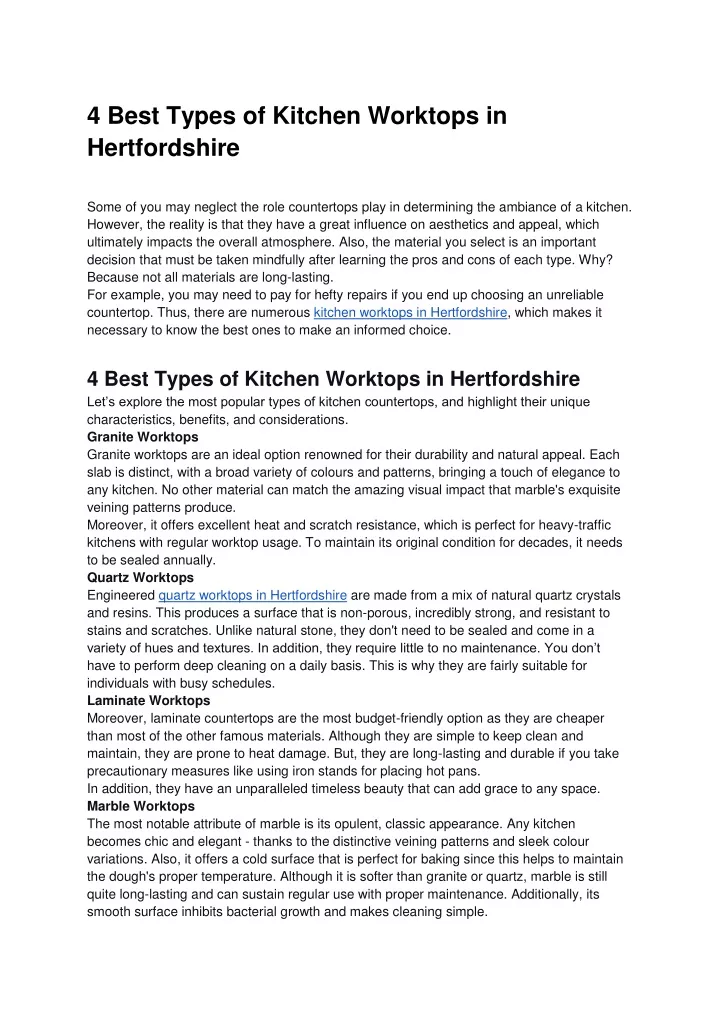 4 best types of kitchen worktops in hertfordshire