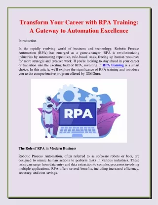 Transform Your Career with RPA Training: A Gateway to Automation Excellence