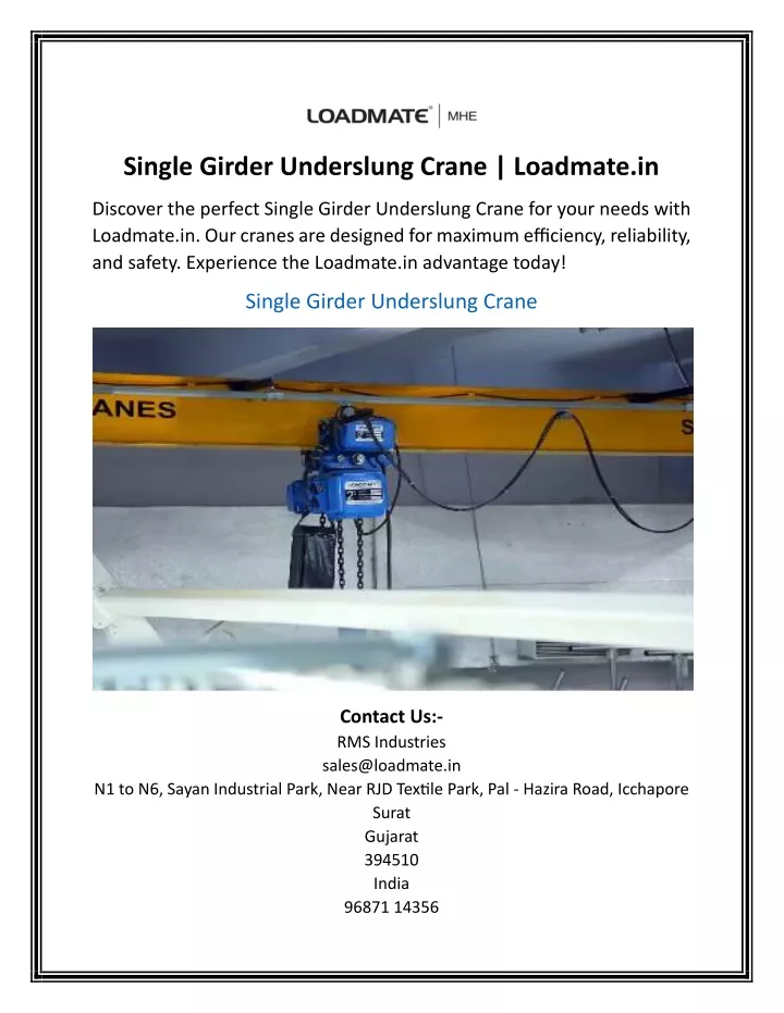 single girder underslung crane loadmate in