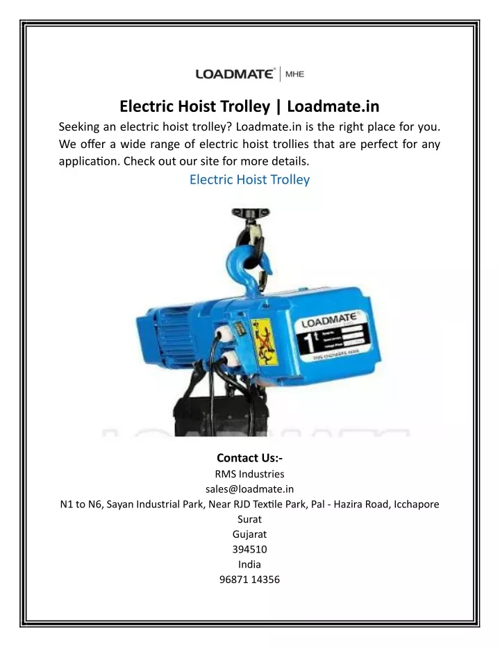 electric hoist trolley loadmate in seeking