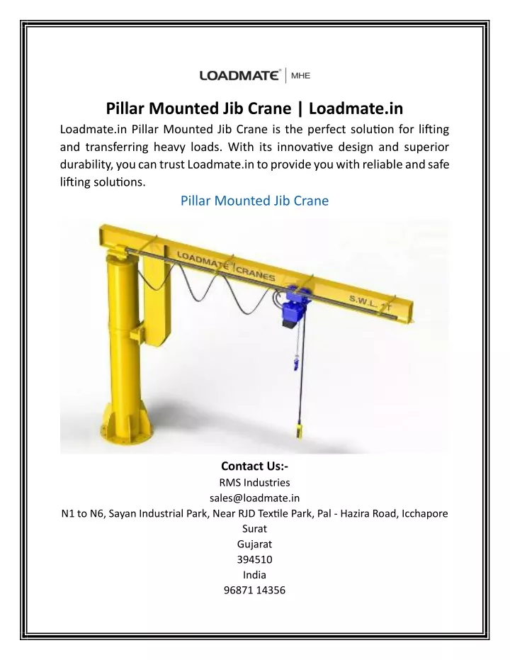 pillar mounted jib crane loadmate in loadmate