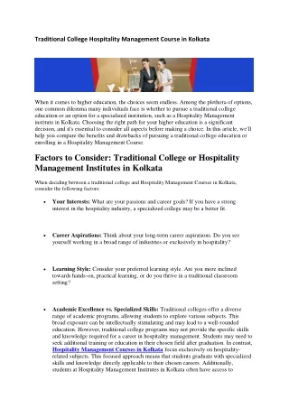 Traditional College Hospitality Management Course in Kolkata