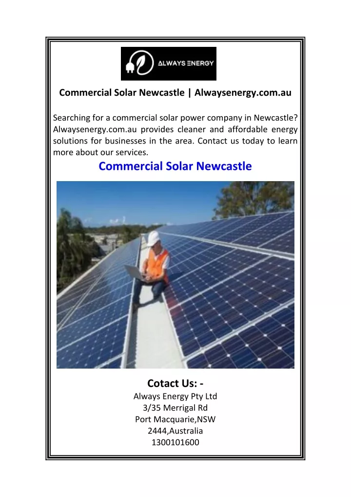 commercial solar newcastle alwaysenergy com au