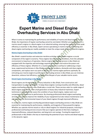 Expert Marine and Diesel Engine Overhauling Services in Abu Dhabi