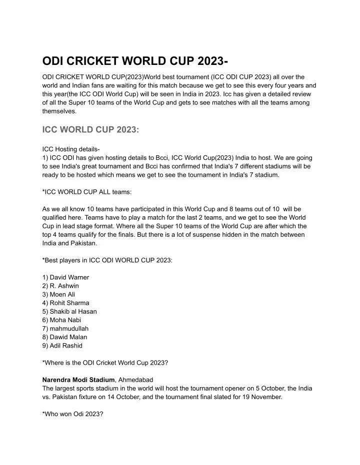 odi cricket world cup 2023