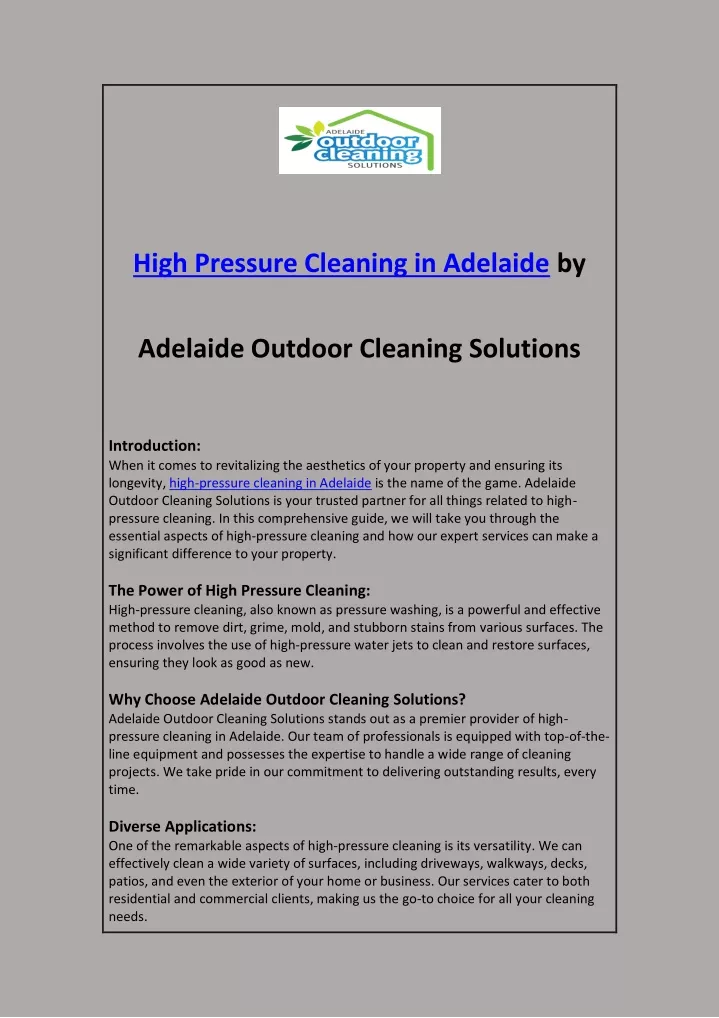 high pressure cleaning in adelaide by