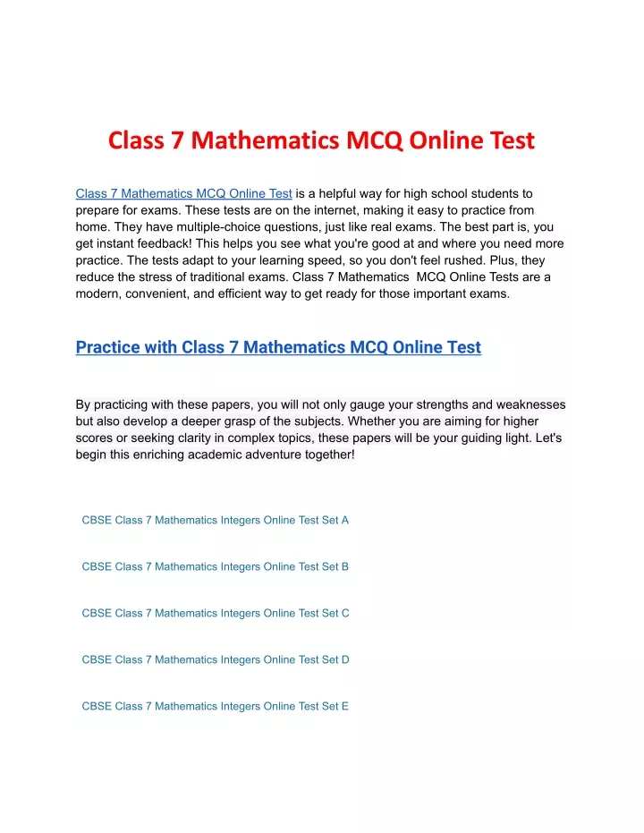class 7 mathematics mcq online test