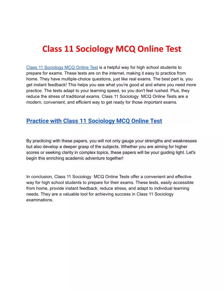 class 11 sociology mcq online test