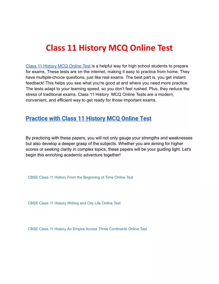 class 11 history mcq online test