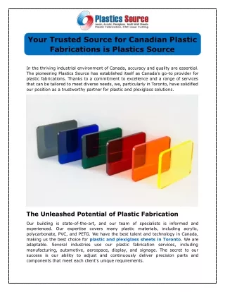 Your Trusted Source for Canadian Plastic Fabrications is Plastics Source