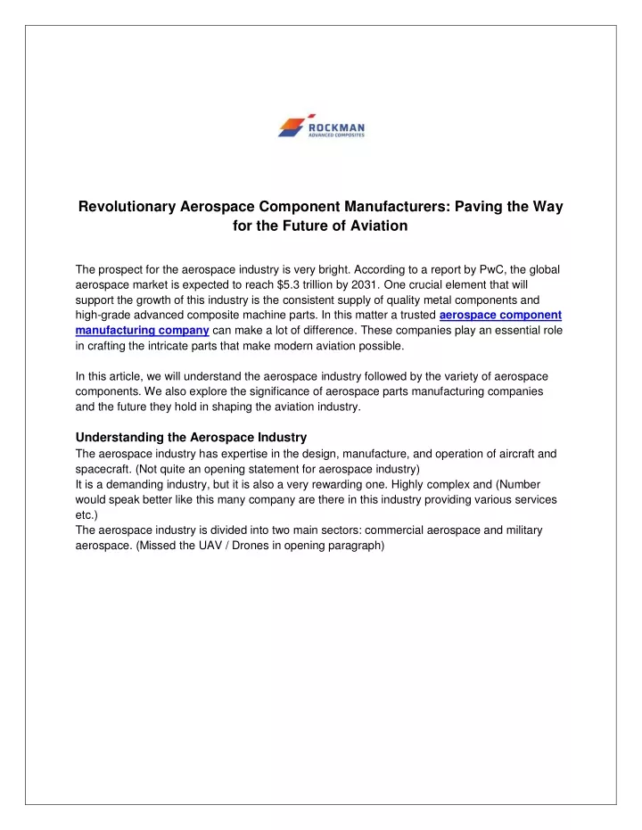 revolutionary aerospace component manufacturers