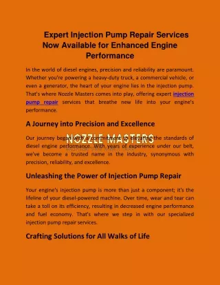 Expert Injection Pump Repair Services Now Available for Enhanced Engine Performa