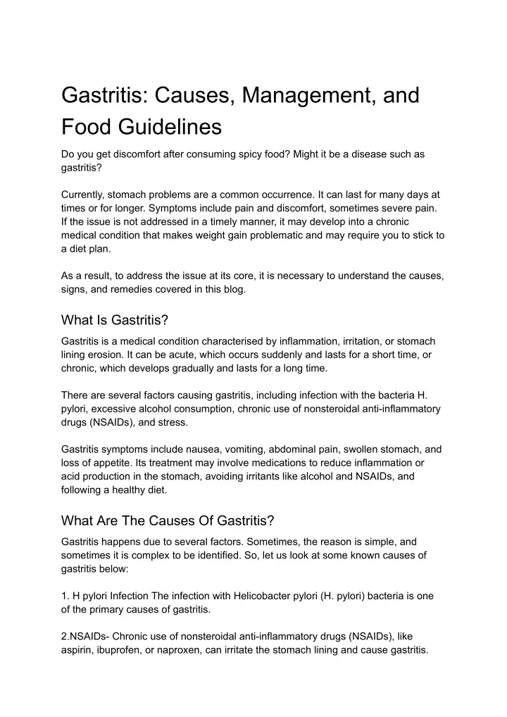 gastritis causes management and food guidelines