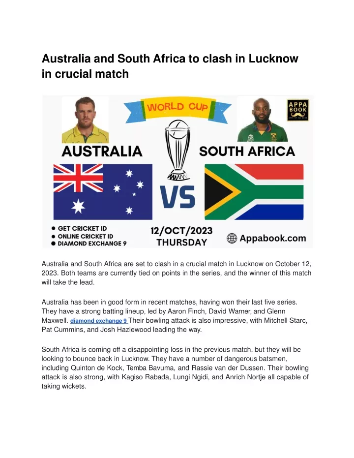 australia and south africa to clash in lucknow