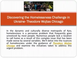 Discovering the Homelessness Challenge in Ukraine- Theodore Wojtas Chicago