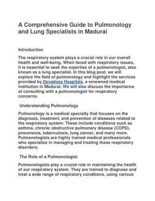 A Comprehensive Guide to Pulmonology and Lung Specialists in Madurai