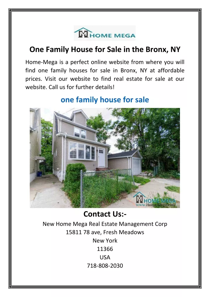 one family house for sale in the bronx ny