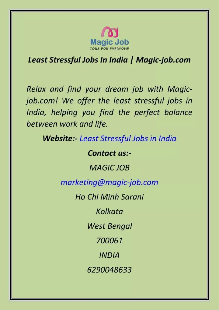 least stressful jobs in india magic job com