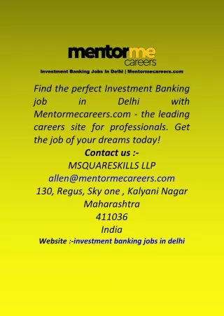 Investment Banking Jobs In Delhi  Mentormecareers com