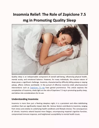 Insomnia Relief: The Role of Zopiclone 7.5 mg in Promoting Quality Sleep