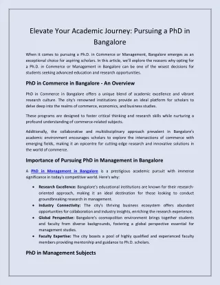 Elevate Your Academic Journey: Pursuing a PhD in Bangalore