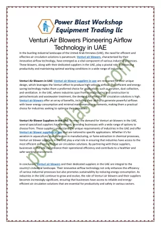Venturi Air Blowers Pioneering Airflow Technology in UAE