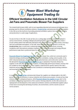 Efficient Ventilation Solutions in the UAE Circular Jet Fans and Pneumatic Blower Fan Suppliers