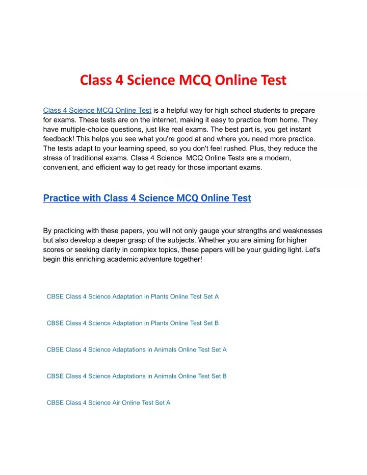 class 4 science mcq online test