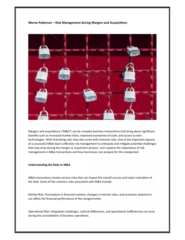 morne pa erson risk management during mergers
