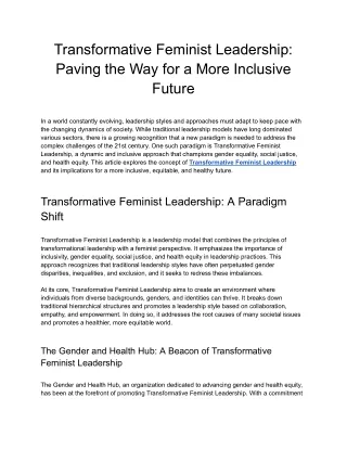 Transformative Feminist Leadership: Paving the Way for a More Inclusive Future